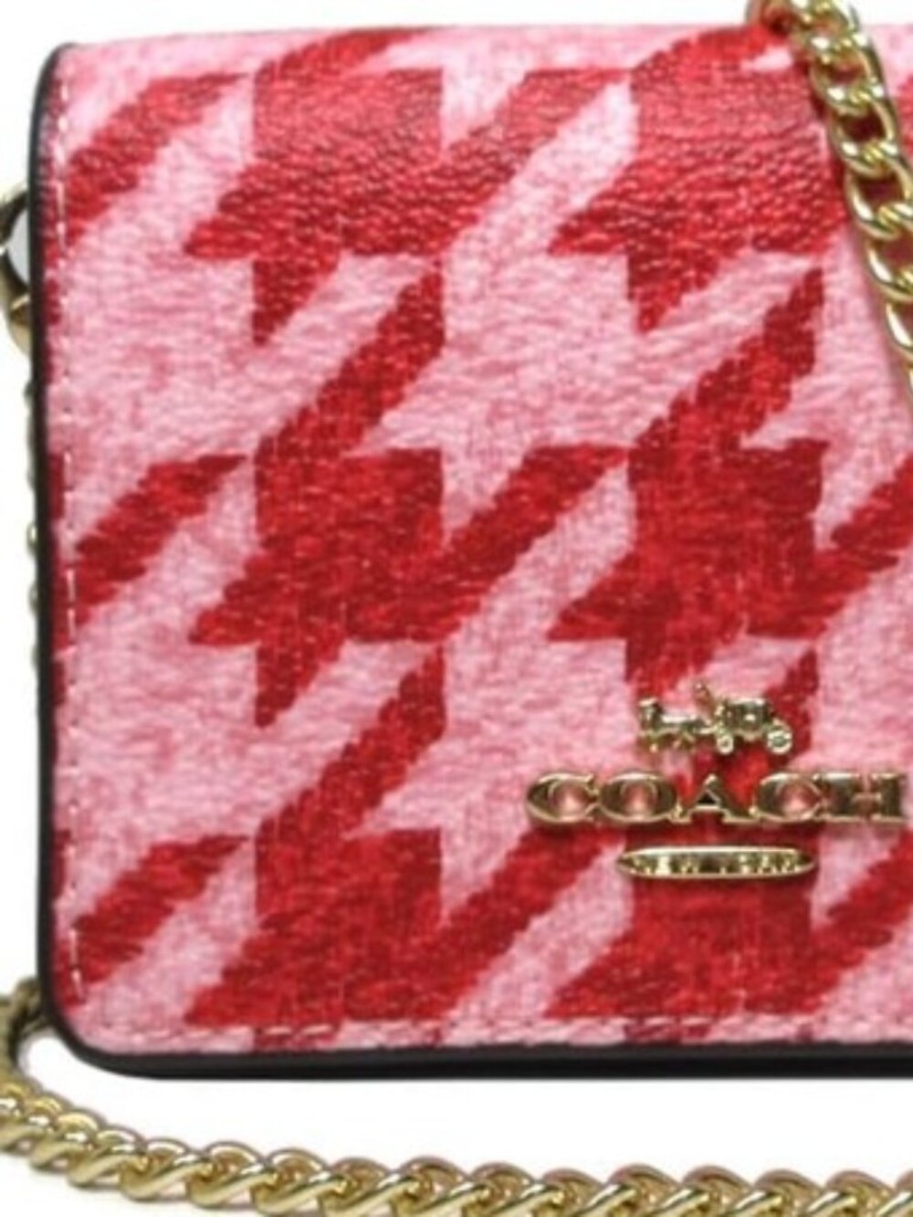 NWT Coach mini wallet gold chain pink/red houndstooth print